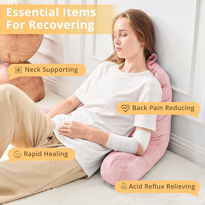 Sasttie Reading Pillow, Velvet Back Pillow for Bed Sitting Up, Adult Back-Rest Support Cushion with Arms for Sit Up on Couch, Sofa, and Floor, Dorm Essentials, Reading Accessories, Pink