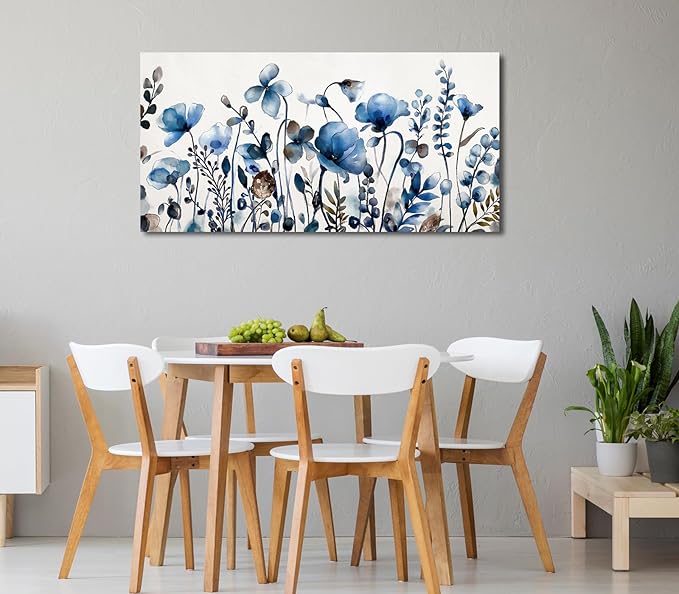 VEAEE Floral Wall Art, Abstract Indigo Flowers Canvas Pictures, Living Room Wall Decor, Modern Landscape Painting, Botanical Grass Artwork for Bedroom Bathroom Kitchen Office Wall Decor 20"x 40"