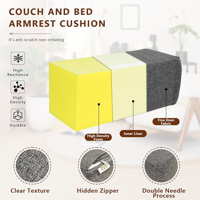 2 Pack Couch Arm Rest Pillow, 8''x8''x20'' Linen Cover, High Density Foam Armrest Cushion, Removable & Washable Elbow Support for Sofa, Bed, and Armchair (Dark Grey)