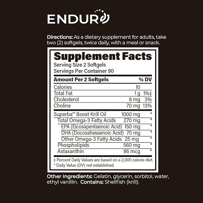 Endur Omega-3 Phospholipid (100% Pure Krill Oil), Heart Health Supplement, Formulated for Optimal Absorption, Gluten Free, 500mg (180 Softgels)