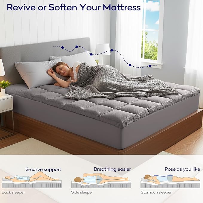 OLANLY Dual-Layer 4 Inch Twin XL Size Memory Foam Mattress Topper for College Dorm Room Essentials, 2 Inch Gel Memory Foam Topper, 2 Inch Cooling Pillow Top Mattress Pad Cover, Light Grey