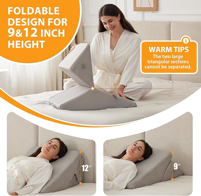 Bed Wedge Pillow for Sleeping, 9&12 Inch Adjustable Wedge Pillow Set for After Surgery, Triangle Pillow for Back Pain Relief, Leg Support, Acid Reflux, Gerd, Grey