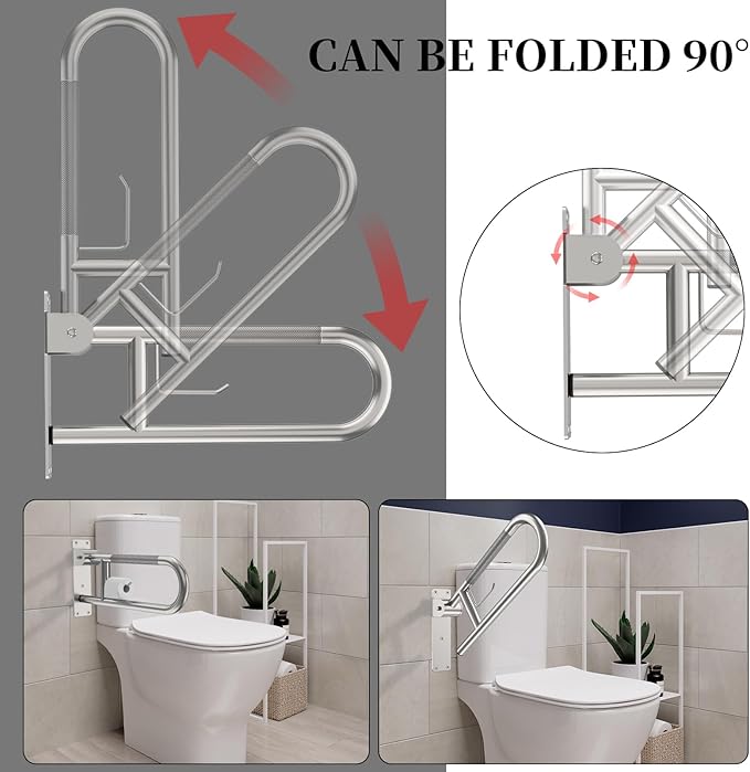 Toilet Grab Bar 22.4 Inch, YuanDe Brushed Nickel Anti-Slip Support Rail, U Shaped Flip-Up Grab Bar with Paper Holder, Stainless Steel Knurled Handicap Safety Handrails for Disabled Elderly Pregnant