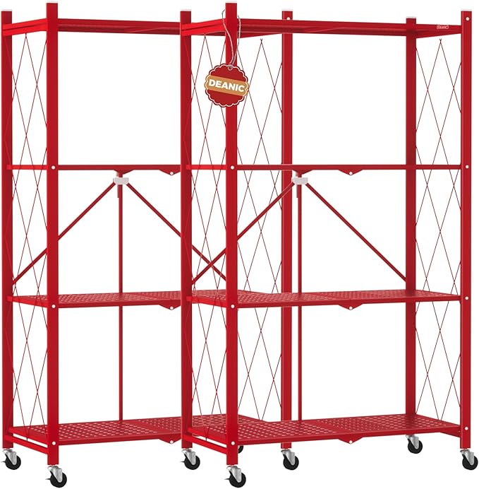 DEANIC 4 Tier Foldable Storage Shelves with Wheels, Large Capacity Shelving Unit, Freestanding Metal Wire Shelf Rack, No Assembly Organizer Rack for Garage Kitchen, Basement, Pantry(Red Pack of 2)