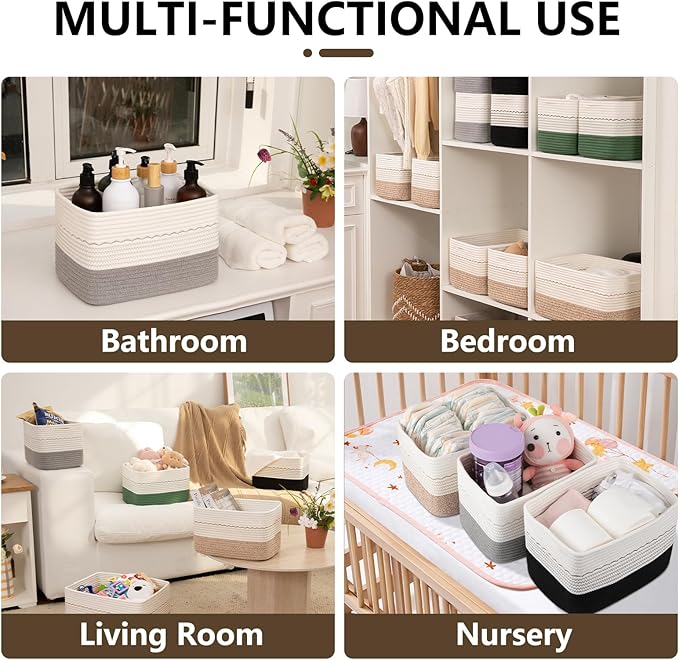 4 Pack Storage Baskets for Organizing, 13"X9"X7.87", Decorative Cotton Rope Baskets with Wave-Patterned Embroidery for Shelves, Small Woven Basket for Toys, Books and Towels, Grey & White