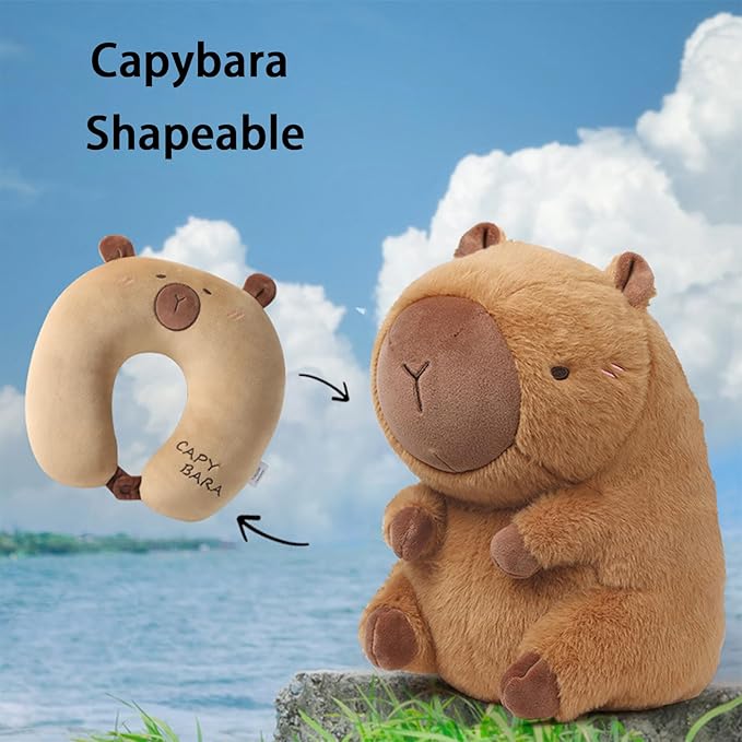 U Shape Travel Pillow - Capybara Plush 2 in 1 | Neck Support Cushion for Children Adults | Airplane Sleeping Pillow for Car Camping Office Road Trip Home | Soft Travel Comfort Accessory