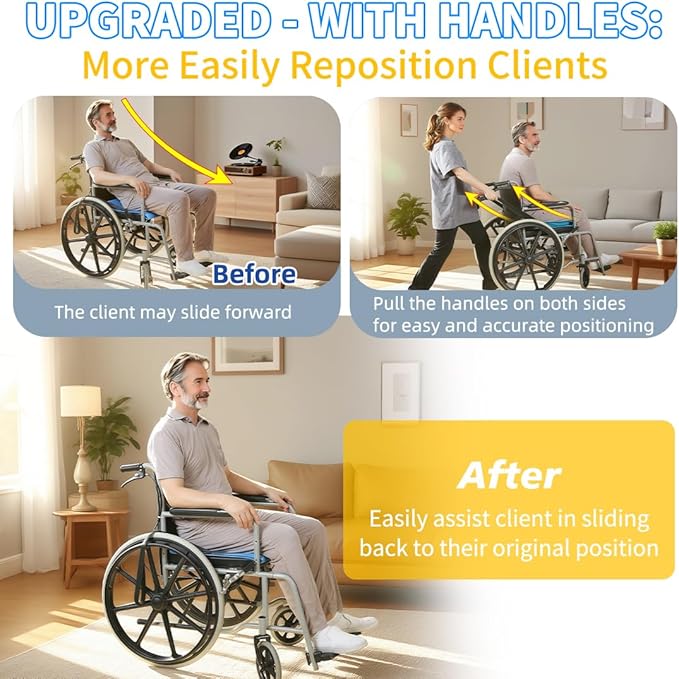 One Way Transfer Support Seat Cushion with Handles - Non-Slip Fall Prevention Pad for Elderly/Disabled Use on Wheelchairs, Chairs, Beds, and More - 17"x17"