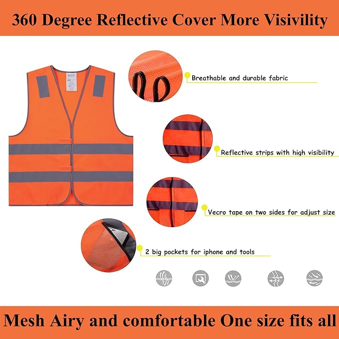 Orange Safety Vests 10 Pack,Reflective High Visibility Construction Working Vest for Men,Woman,Pockets,Hi Vis Mesh and Neon Silver Strip