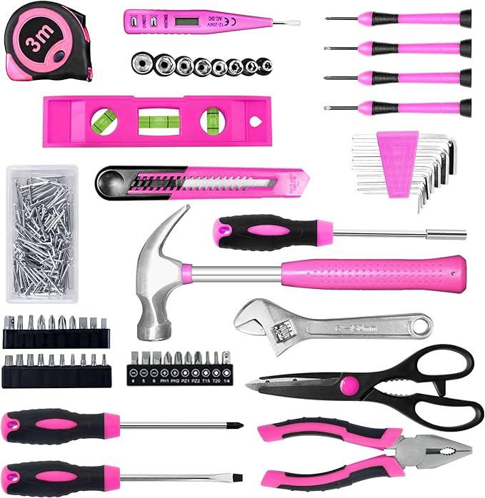 SOLUDE Pink Tool Set,206-Piece Home Tool Kit for Women Girls Ladies,Basic Household Toolkits for New Apartment Garage Office College Dorm & DIY Projects