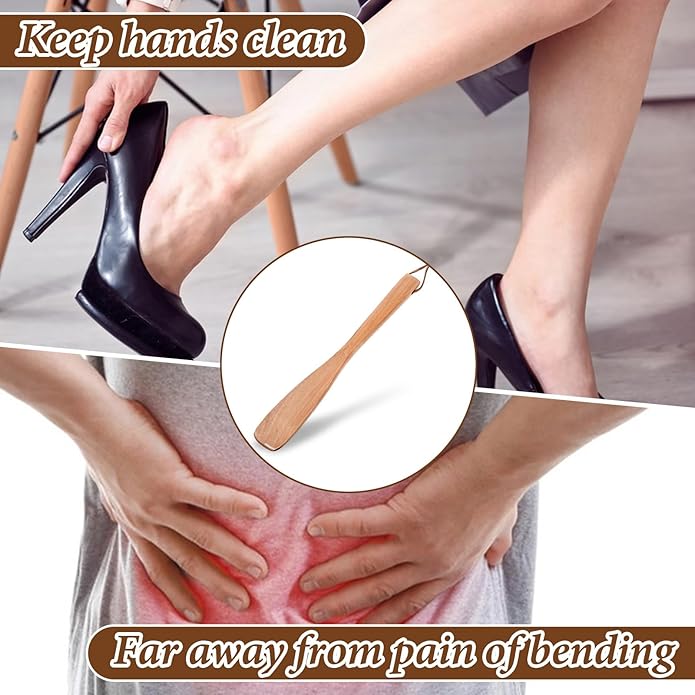 Wooden Shoe Horn,Long Handled Shoe Horn for Seniors,9.84" Retro Wood Shoehorn Long-handle for Women Kids with Leather Lanyard,Long Shoehorn Helper for Seniors & Pregnant,Wood Color