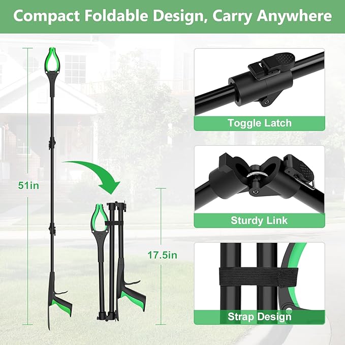 51" Extra Long Grabber Reacher Tool, Foldable Reacher Grabber Pickup Tool with Magnetic Tip & 360° Rotating Anti-Slip Claw, Extension Grabber for Seniors, Indoor and Outdoor Trash Picker