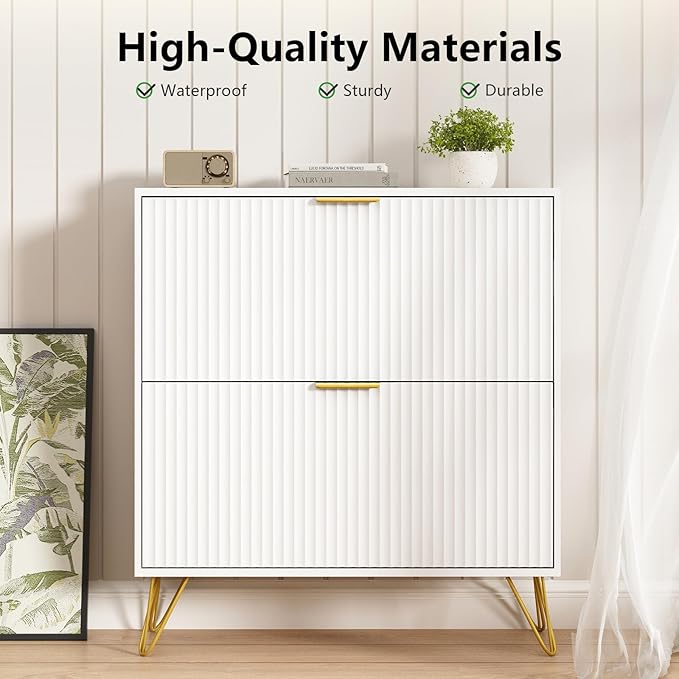 Shoe Storage Cabinet with 2 Flip Drawers, 31.5" W Fluted Shoe Cabinet for Entryway, Hidden Shoe Cabinet Storage, Narrow Free Standing Shoe Orgnaizer Rack Cabinet for Foyer Hallway, White