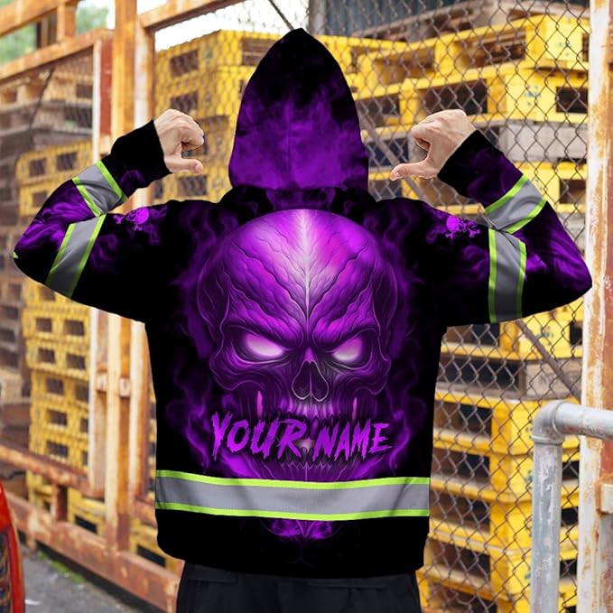 Matedecor Skull US Flag Reflective High Visibility Hoodie For Men Construction Hi Vis Safety Workwear Custom Name