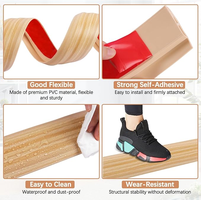 Vinyl Door Threshold Flooring Transition Strip Self Adhesive Carpet Edging Strip for Laminate Doorway Edge Threshold from 1/5" to 2/5" (Light Yellow Wood Grain, 10 Ft)
