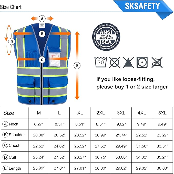 SKSAFETY 10 Pockets Safety Vest, Class 2 High Visibility Security with Zipper, Hi Vis Vest with Reflective Strips, ANSI/ISEA Standard, Construction Work Vest for Men ＆ Women （Blue, 3XL）