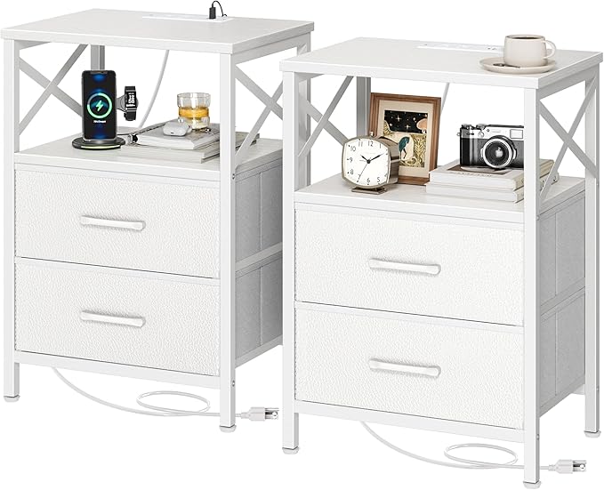 Huuger Nightstands Set of 2, Night Stand with Charger Station, 2 Drawer Side Table with Open Shelf, USB-C Port, End Table for Small Spaces, X Shaped Side Rail, White