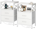 Huuger Nightstands Set of 2, Night Stand with Charger Station, 2 Drawer Side Table with Open Shelf, USB-C Port, End Table for Small Spaces, X Shaped Side Rail, White