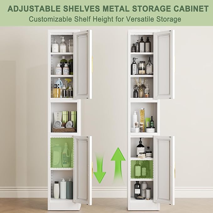 67" Tall Narrow Storage Cabinet Metal Bathroom Cabinet with 2 Doors & 4 Adjustable Shelves, Standing Pantry Cabinets Cupboard for Kitchen, Dining Room, Living Room and Bathroom (White)