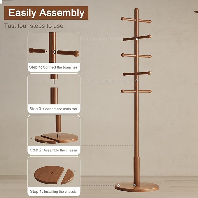 Solid Wood Coat Rack Freestanding with 10 Hooks, Coat tree freestanding 3 Adjustable Heights for coat, Hats, Handbags, Coat Stand for Entryway,Bedroom,office