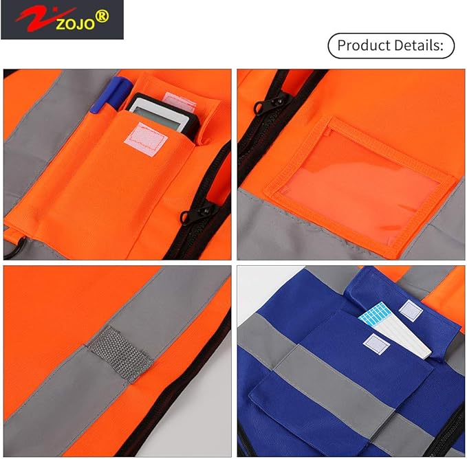 zojo High Visibility Safety Vests With Pockets, Pack of 10,Wholesale Reflective Vest for Outdoor Works, Cycling, Jogging, Walking,Sports - Fits for Men and Women(XL-Mix Orange & Blue)