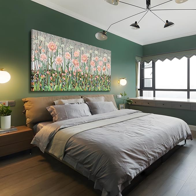 amatop Extra Large Modern Floral Canvas Print: Abstract Pink and Green Wildflowers, Stretched Ready-to-Hang Wall Art for Living Room, Bedroom, or Office (58x29 in)