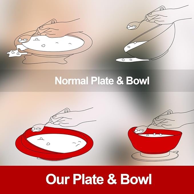 Hushee Adaptive Spill Proof Scoop Bowl and Plate Set with Suction Base Non Skid Self Feed Dinnerware for Elderly Disabled Handicapped from Parkinsons, Dementia, Stroke, Tremor(3 Sets,White, Blue, Red)