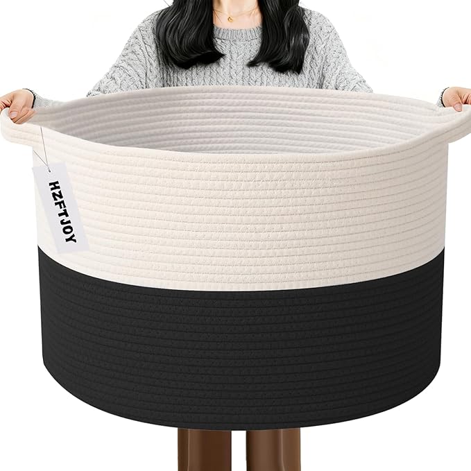Large Storage Basket with Handle,19.7" L x 19.7" W x 13" H Blanket Basket Storage Bins for Organizing,65L Cotton Rope Woven Baskets for Living Room, Nursery ,Bedroom,White&Black