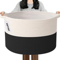Large Storage Basket with Handle,23.6" x 23.6" x 15.7" Blanket Basket Storage Bins for Organizing,65L Cotton Rope Woven Baskets for Living Room, Nursery,Bedroom,White&Black