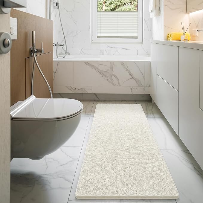 LOCHAS Luxury Bathroom Rug Shaggy Bath Mat 24 x 60 Inch, Washable Non Slip Bath Rugs for Bathroom Shower, Soft Plush Chenille Absorbent Carpets Mats, Cream White