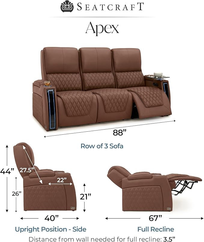 Seatcraft Apex Zero-Gravity CoolZero Italian Leather Home Theater Seating, Powered Headrest, Powered Lumbar, Powered Recline, Row of 3 Sofa, Tobacco