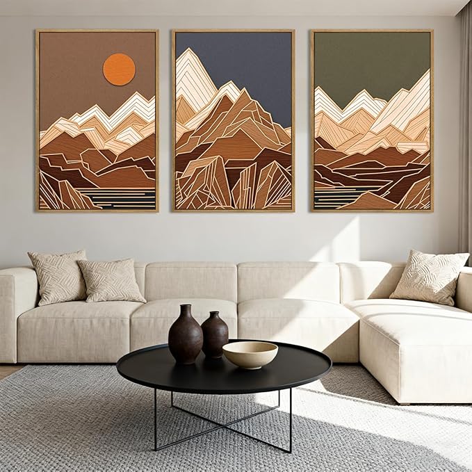 IARTTOP Large Mountain Framed Canvas Wall Art 16x24 Inch Set of 3 Abstract Mountain Woodcut Wall Decor for Living Room Bedroom Office