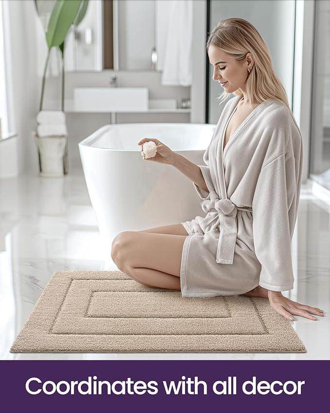 DEXI Bathroom Rug Set 2 Piece 24x16, Non Slip Washable Bath Mat for Shower Floor, Absorbent Soft Bathmat with Rubber Backing, Quick Dry Microfiber Carpet, Beige
