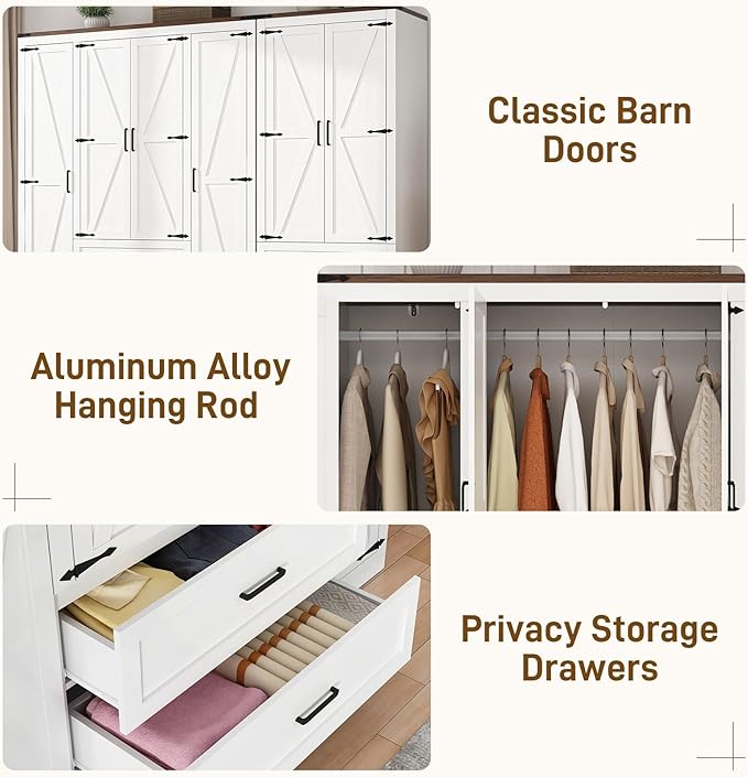6 Doors Wardrobe Armoire Closet with Doors and Drawers, Farmhouse Wooden Armoire Storage Cabinet with Shelves for Bedroom, White
