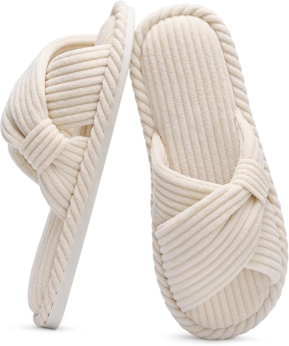 Evshine Fall House Slippers for Women Corduroy Cross Bow Indoor Slippers Open Toe Slip On Bedroom Shoes with Memory Foam