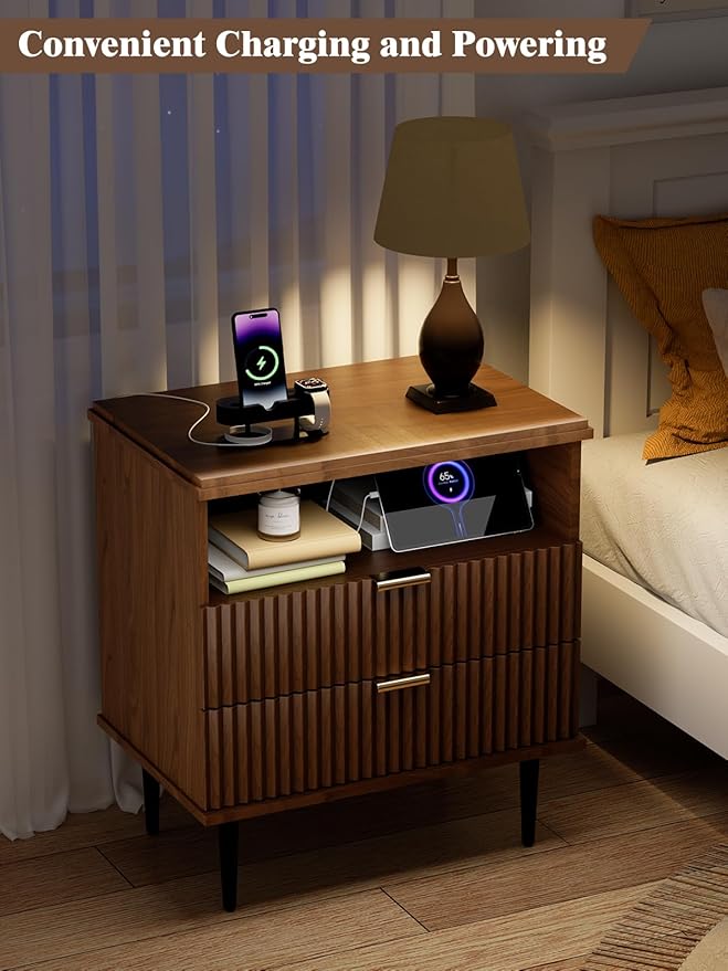 Modern Nightstand with Charging Station, 2-Drawer Fluted Wood Bedside Table with USB, Type-C & AC Outlets, Metal Legs, Perfect for Your Bedroom (Walnut, 23.3)