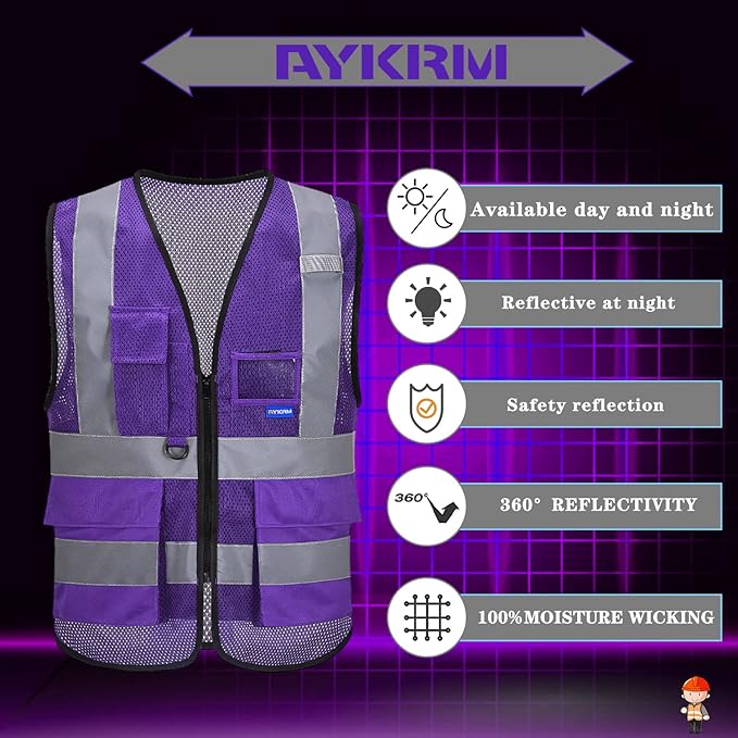 A-SAFETY High Visibility Mesh Safety Reflective Vest with Pockets and Zipper,Hi Viz Work Vest for Men Women (Purple Mesh XXXL)