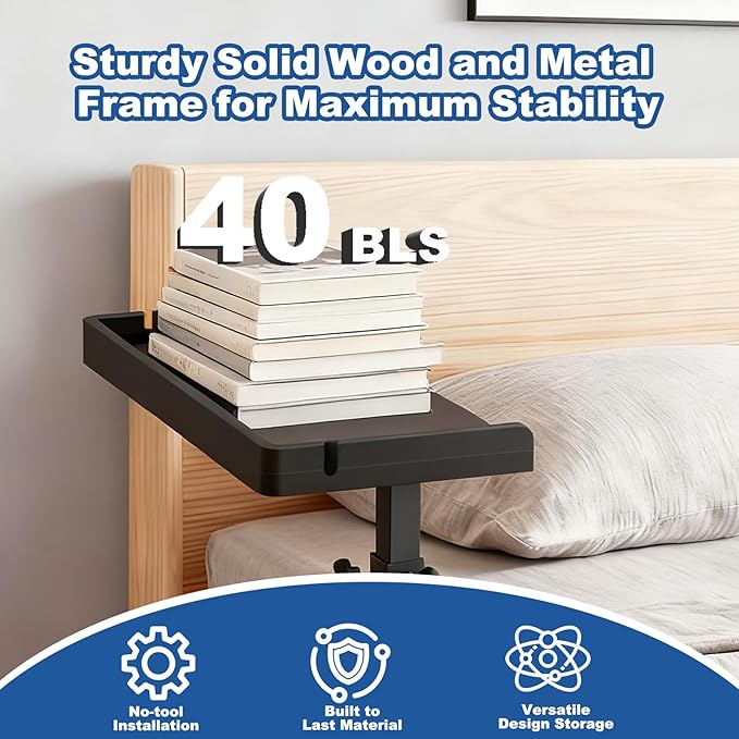 Bedside Shelf for Bed Frame, Clamp On Bedside Table Organizer, Dorm Room Nightstand Alternative for Phone, Glasses, Laptop, Books, Small Storage Tray for Bunk Bed College Dorm (Black)