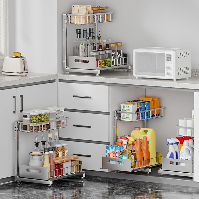 2 Pack Pro Under Sink Organizer Storage: Premium Metal 2-Tier Pull-Out Wire Basket Organizer, L Shape Height Adjustable, Easy Installation | Kitchen & Bathroom Cabinet Organizers