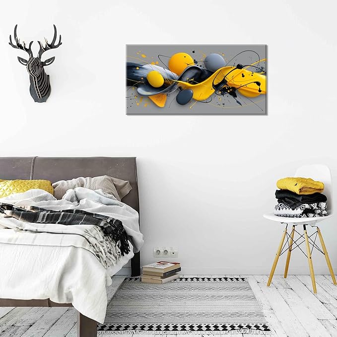 Yellow Abstract Splash Pigment Wall Art for Bedroom Canvas Painting Prints Dynamic Art Deco Gray Vibrant Artwork Office Family Decor