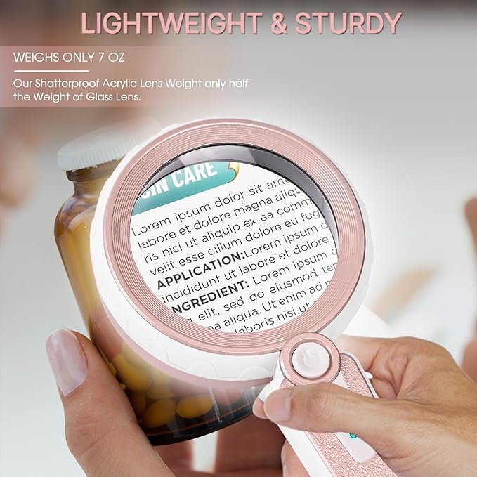 45X Magnifying Glass with Light, 1200mAh Rechargeable, 6 Light Modes, 4.6In Large Handheld Magnifier for Women, Low Vision Seniors with Macular Degeneration, Reading, Jewelry, Coins - Pink