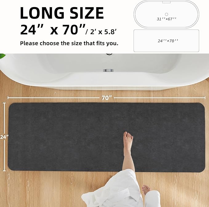 Black Bath Mat, Bathroom Rugs Non Slip Washable Thin Absorbent Quick Dry Bath Mat Fits Under Door Bathroom Floor Mat Perfect for Bath, Shower, or Sink 24"x70" Black
