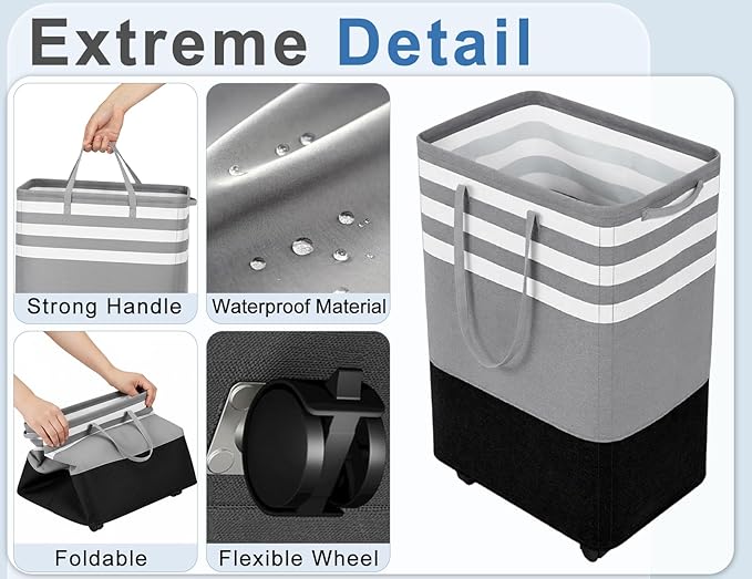 Wakefit 80L Large Laundry Basket, Laundry Hamper with 4 Wheels, Collapsible Waterproof Clothes Basket, Freestanding Hamper with Handles for Bedroom, Bathroom, Laundry Room (Gray - S)