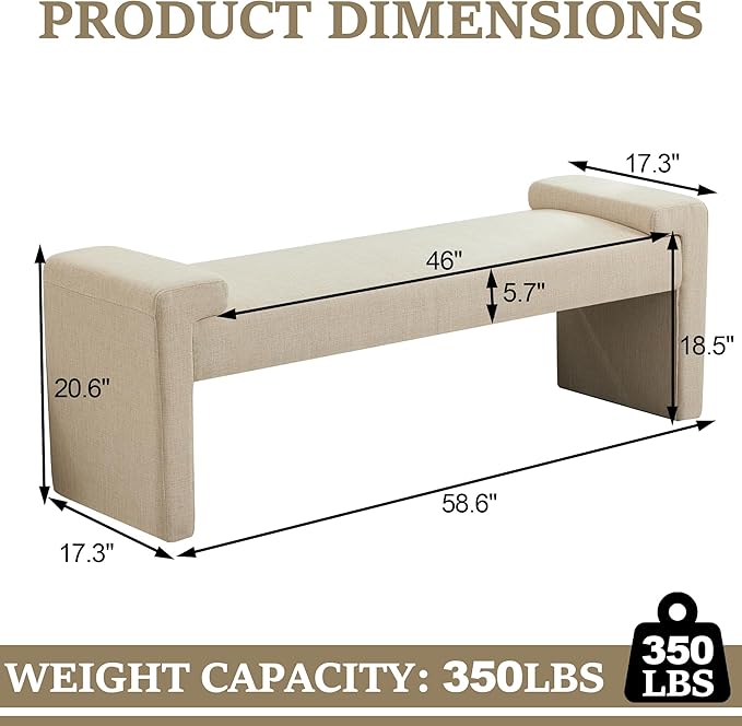 58.7" Linen End of Bed Bench Upholstered Modern Bedroom Bench for Living Room & Entryway, Easy Assembly, Footrest Ottoman Accent Window Bench with Solid Wood Frame & Curved Arm, Tan