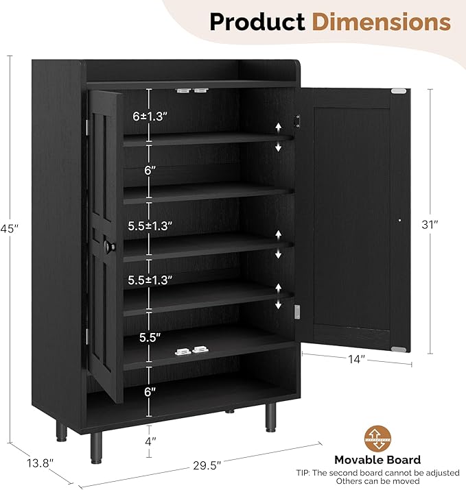 Entryway Shoe Cabinet with Doors, 6-Tier Farmhouse Shoes Storage Organizer with Adjustable Shelves Holds 18-25 Pairs and Metal Legs, Entryway Cabinet Organizer, Living Room (Black)