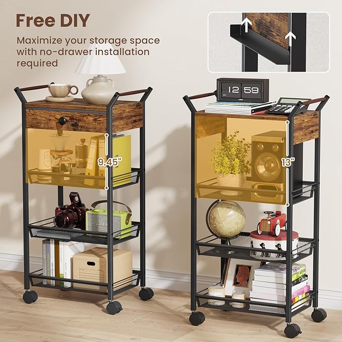 5-Tier Storage Cart, Rolling Utility Cart, Metal Fruit Vegetable Basket for Kitchen, with Handle, Lockable Wheels, Drawer, Rolling Cart Organizer for Pantry, Makeup, Rustic Brown
