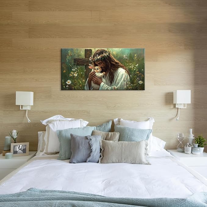 Green Jesus Love Wall Art for Bedroom Canvas Painting Prints GOD Embrace Rabbit Bunny Spiritual Faith Crucifix Cross Vintage Art Deco Spring Artwork Office Farmhouse Decor