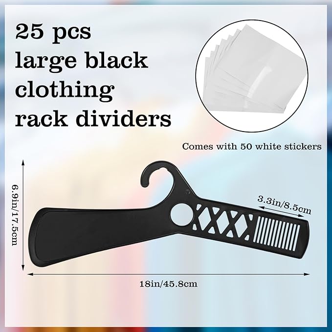 25 Pcs Large Closet Dividers and 50 Pcs White Blank Cards 18 Inch Clothing Rack Size Dividers for Hanging Clothes, Black Garment Rack Tag for Clothes Organization