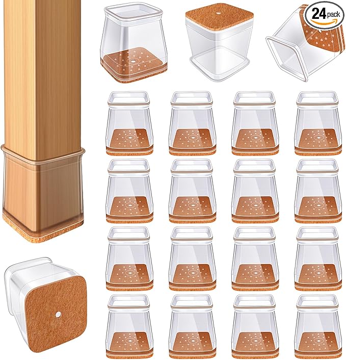 24 Pcs Chair Leg Floor Protectors for Hardwood Floors Square Silicone Covers to Protect Wood Tile Floors Felt Pads Furniture Leg Caps Anti-Scratch Reduce Noise (Fit:3/4" to 1")