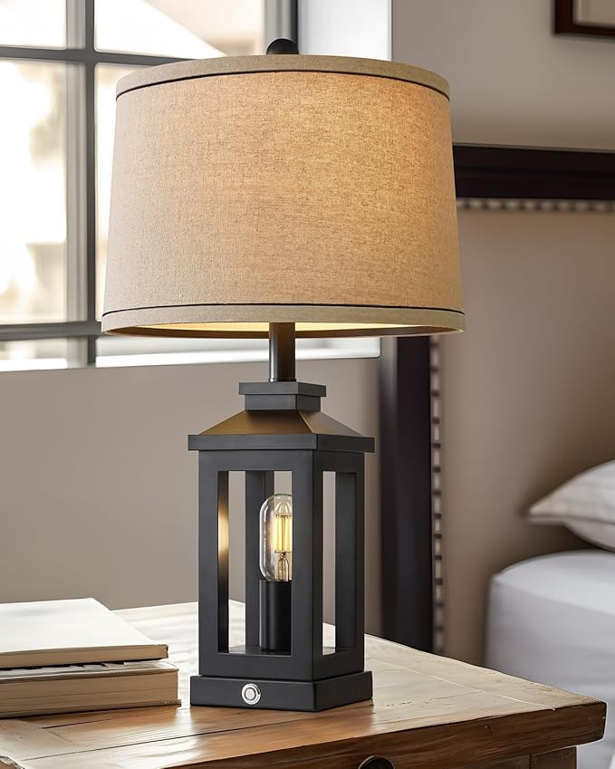 23.75" Retro Farmhouse Black Table Lamp for Living Room Bedroom Nightstand Single Pack Touch Control Bedside Nightlight Vintage Modern Lamp with USB C+A Ports and 2 Light Sources