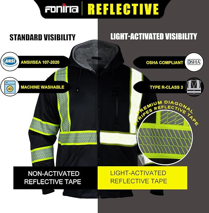 FONIRRA Men's High Visibility Safety ANSI Class 3 Lined Fleece Hoodie Sweatshirt with Black Bottom Jumper Workwear for Men(Black,XL)